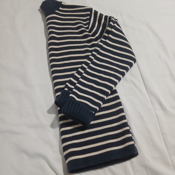 GAP Medium 100% Cotton Mock-Neck Blue/Cream Striped Tunic Sweater Ribbed Cuff - Picture 4 of 13